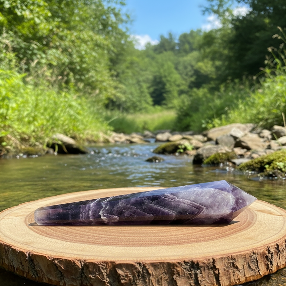 The dream amethyst generator lying on a wooden round beside a stream, showing its long faceted body tapering to a cut point