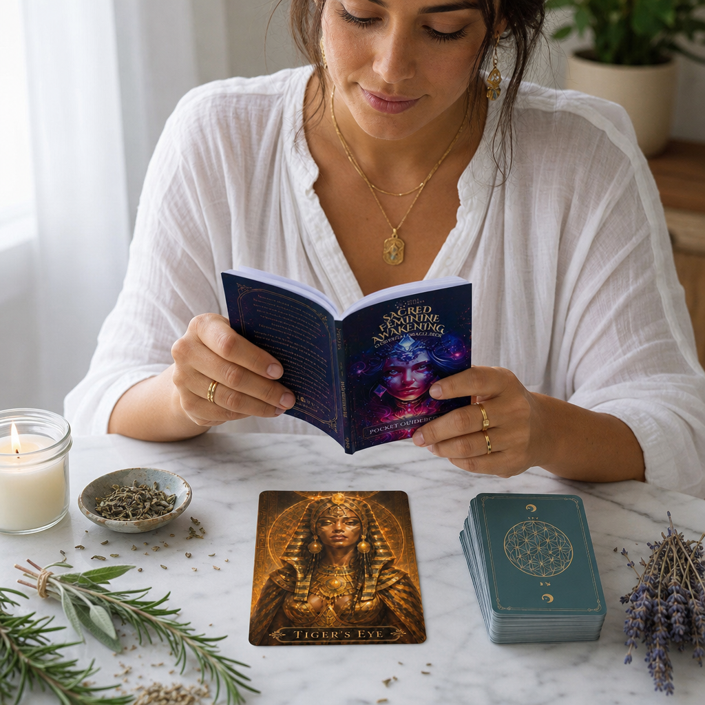 A woman reading the pocket guidebook at a marble table with the Tiger's Eye card drawn beside the rest of the deck