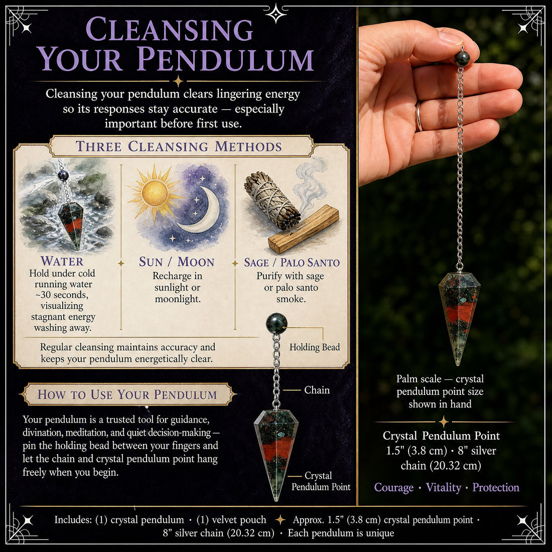 The African bloodstone pendulum held up by its bead in one hand, beside a labelled diagram of its holding bead, chain and crystal point and illustrations of water, sun and moon, and sage cleansing