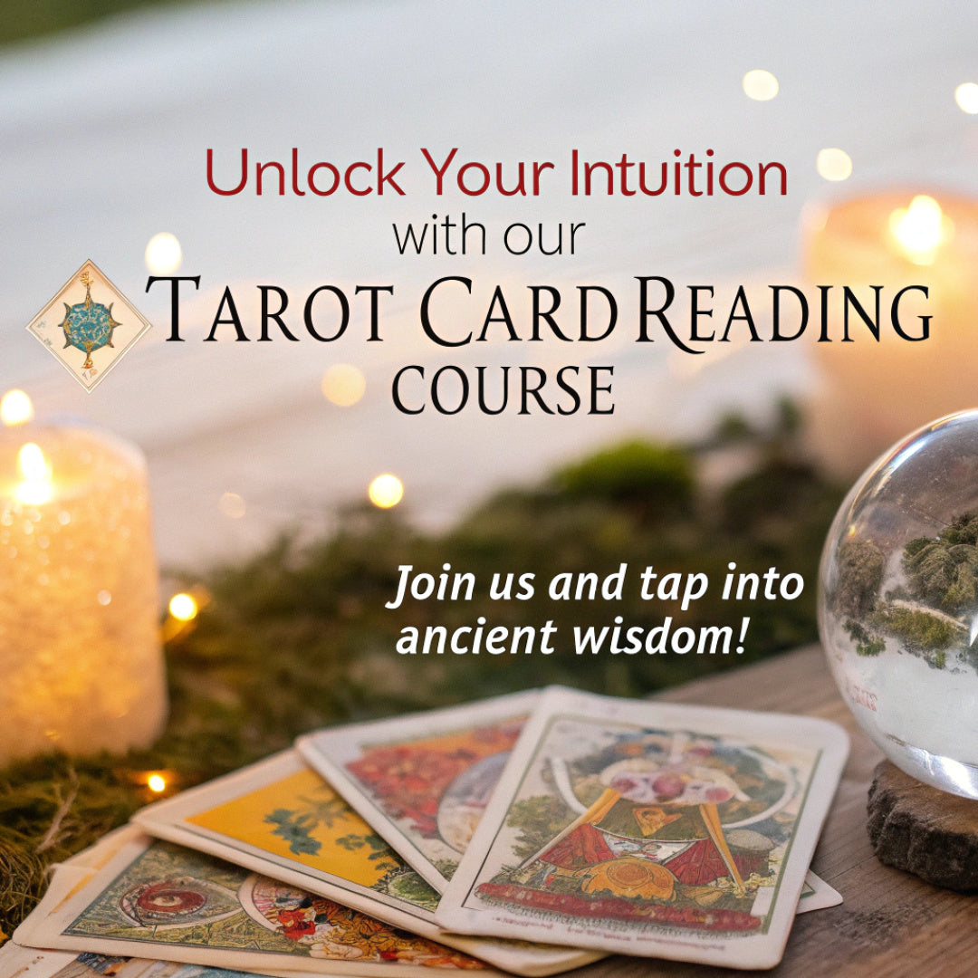 Tarot cards fanned on moss beside a candle and a crystal ball, with the title Tarot Card Reading Course