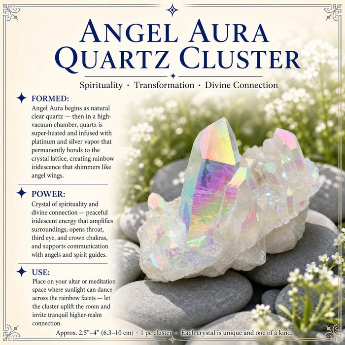 Iridescent angel aura quartz cluster on grey stones