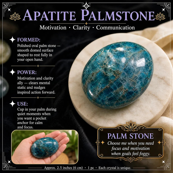 Blue apatite palmstone on a marble coaster, with an inset of it resting in an open hand