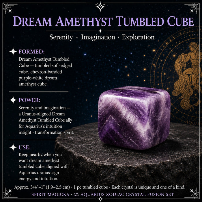 Dream amethyst cube with purple and white chevron bands and softly tumbled edges