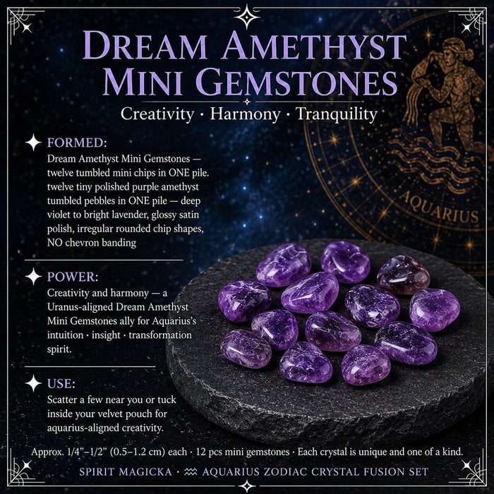 Twelve small tumbled purple amethyst stones on a dark stone dais
