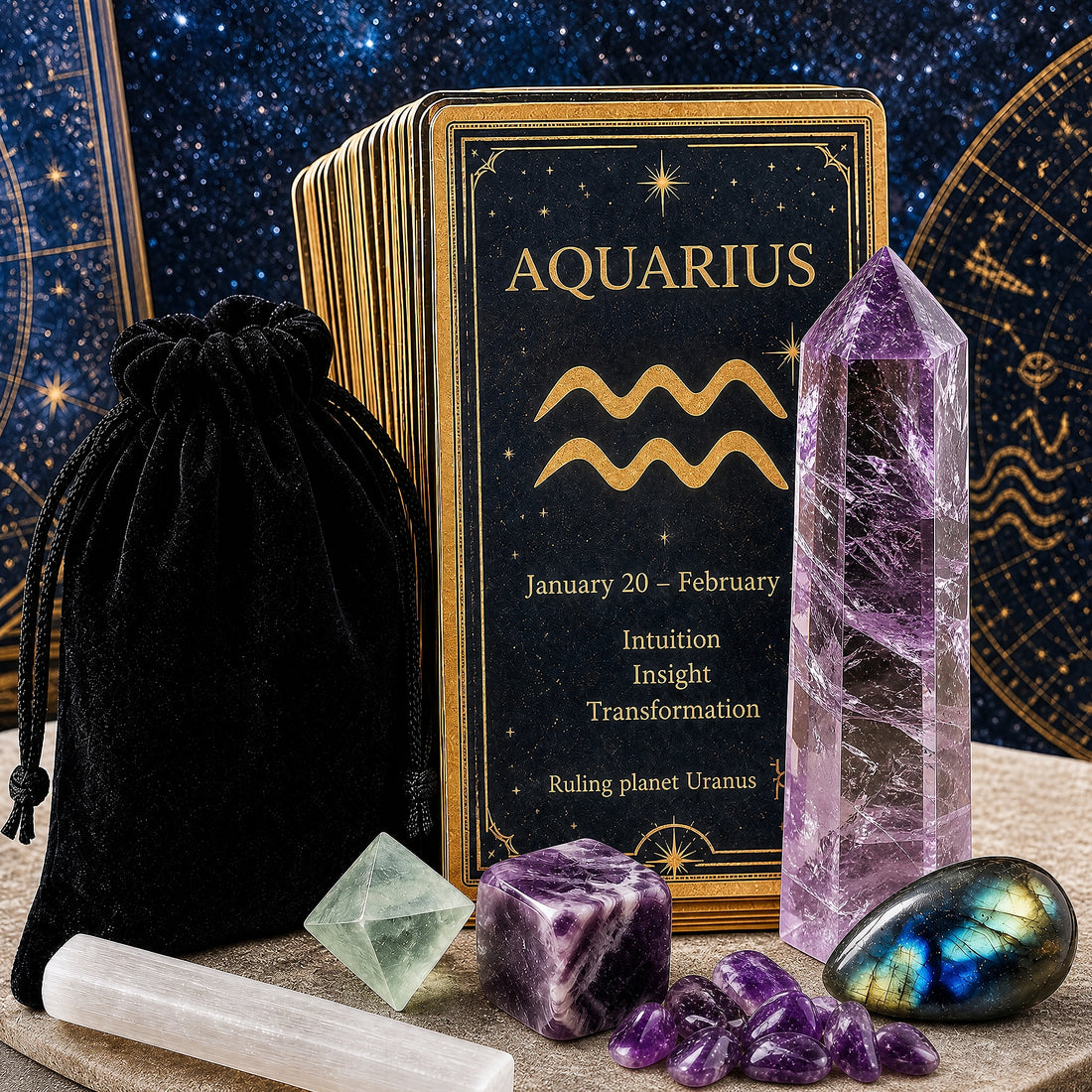 The Aquarius crystal set in front of a starry backdrop: amethyst point, labradorite cabochon, dream amethyst cube and minis, green fluorite octahedron, selenite stick and a black velvet pouch
