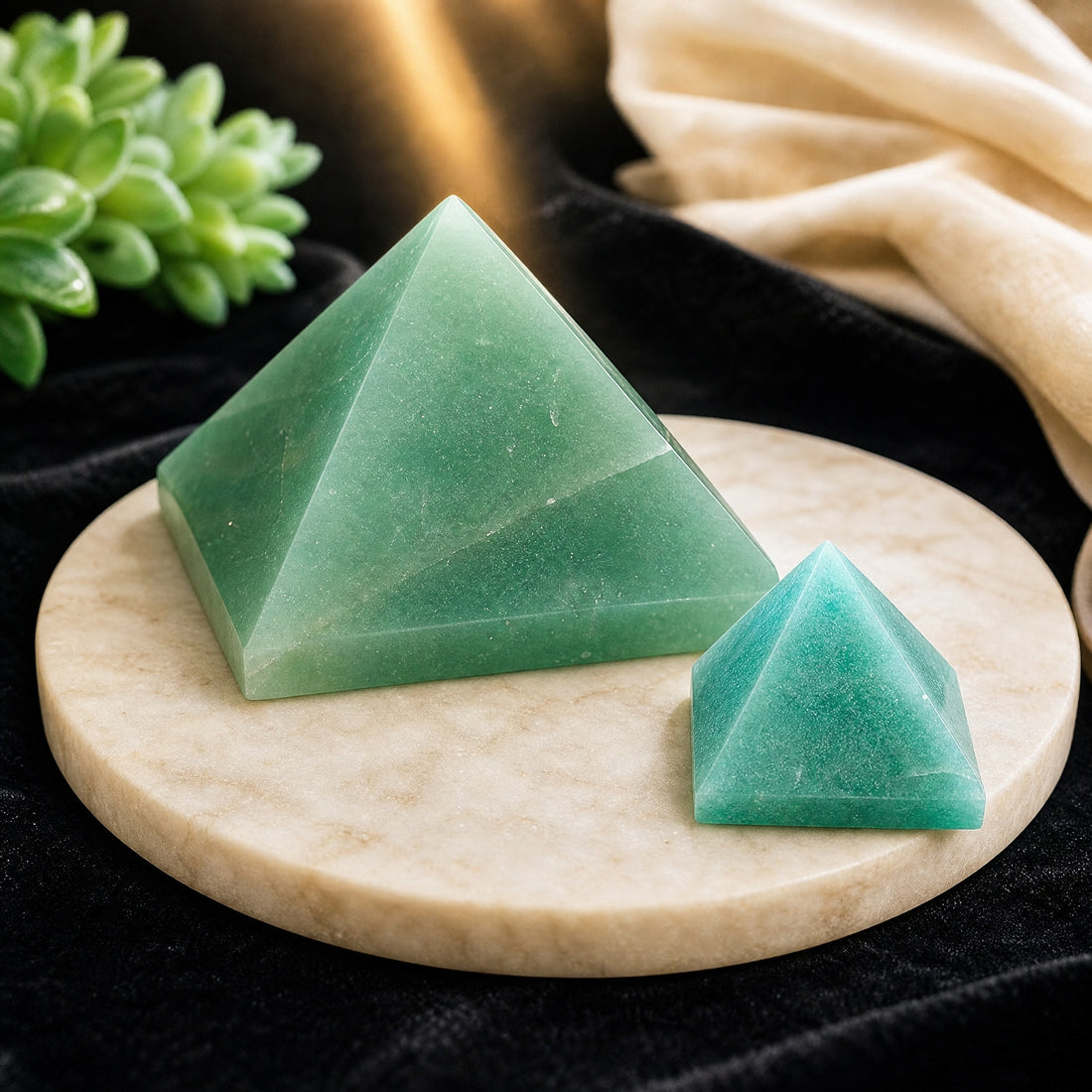 A medium and a small green aventurine pyramid side by side on a cream stone coaster