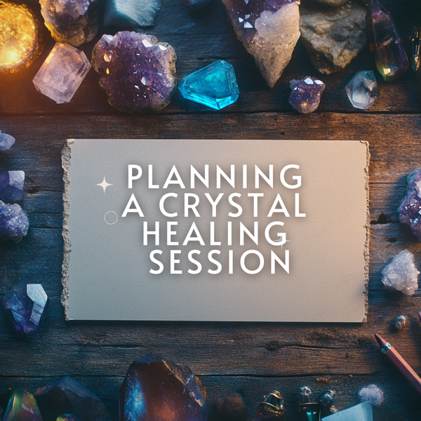 A parchment card reading Planning a Crystal Healing Session on a wooden table of crystals