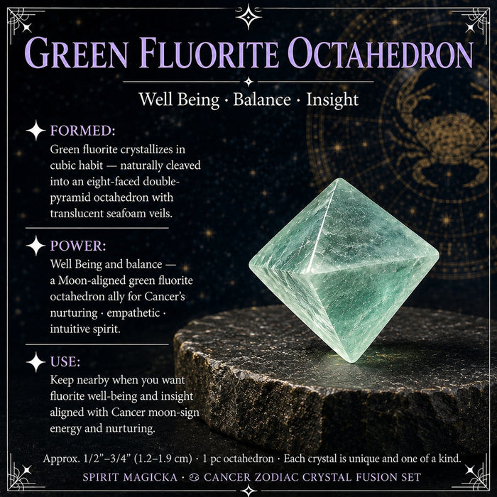 Translucent pale green fluorite octahedron balanced on one point