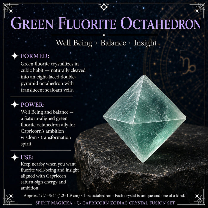 A translucent seafoam-green fluorite octahedron on a dark stone