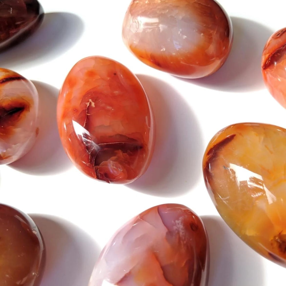 Several polished carnelian palmstones on a white surface, ranging from pale honey to deep red-orange
