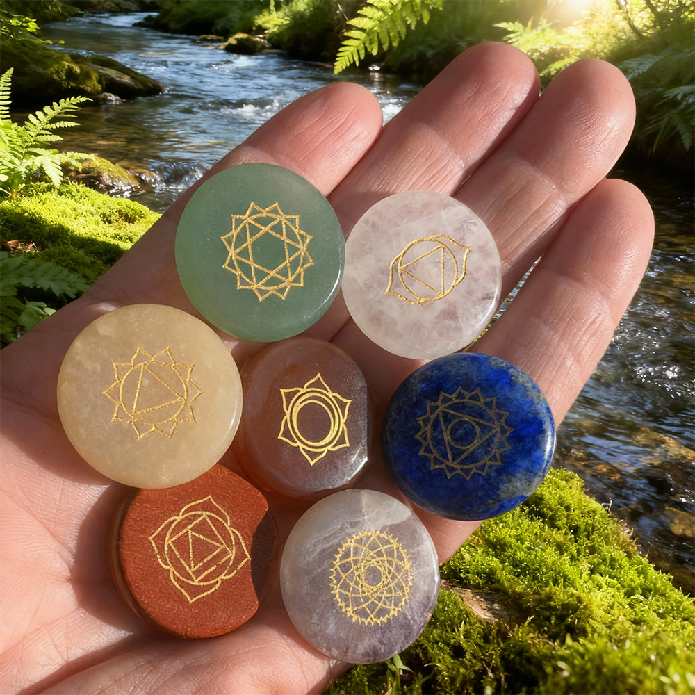All seven round chakra stones, each engraved with a gold chakra symbol, resting together in an open palm beside a stream