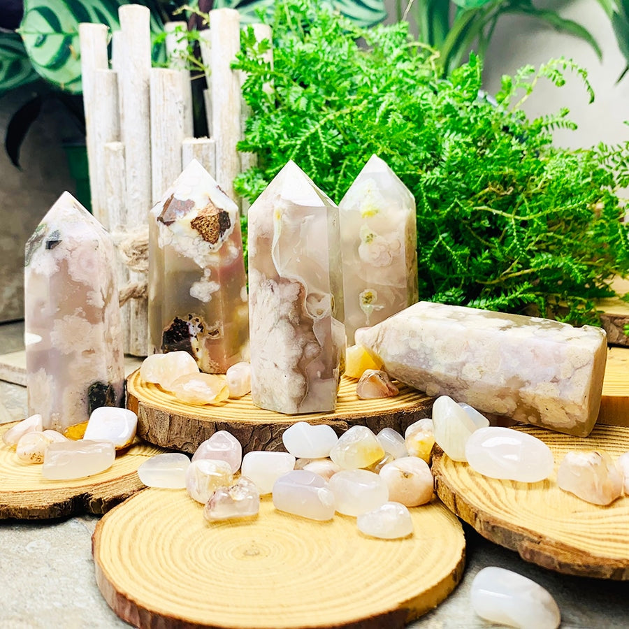 Several cherry flower agate points on wooden slices, each with its own mix of pink blossoms and darker inclusions
