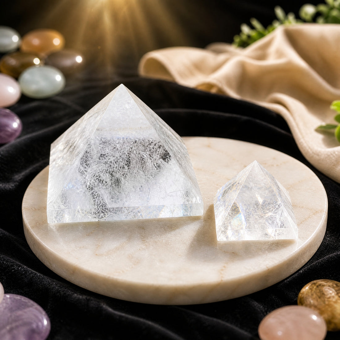 A medium and a small polished clear quartz pyramid side by side on a marble dish, with soft veils inside the crystal