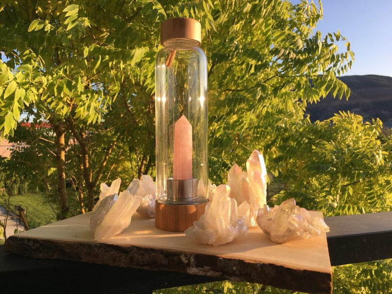 Crystal Wand Water Bottle + Protective Sleeve (Bamboo) - Rose Quartz