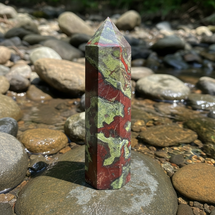A dragon blood point, deep red and mossy green, standing on a river stone