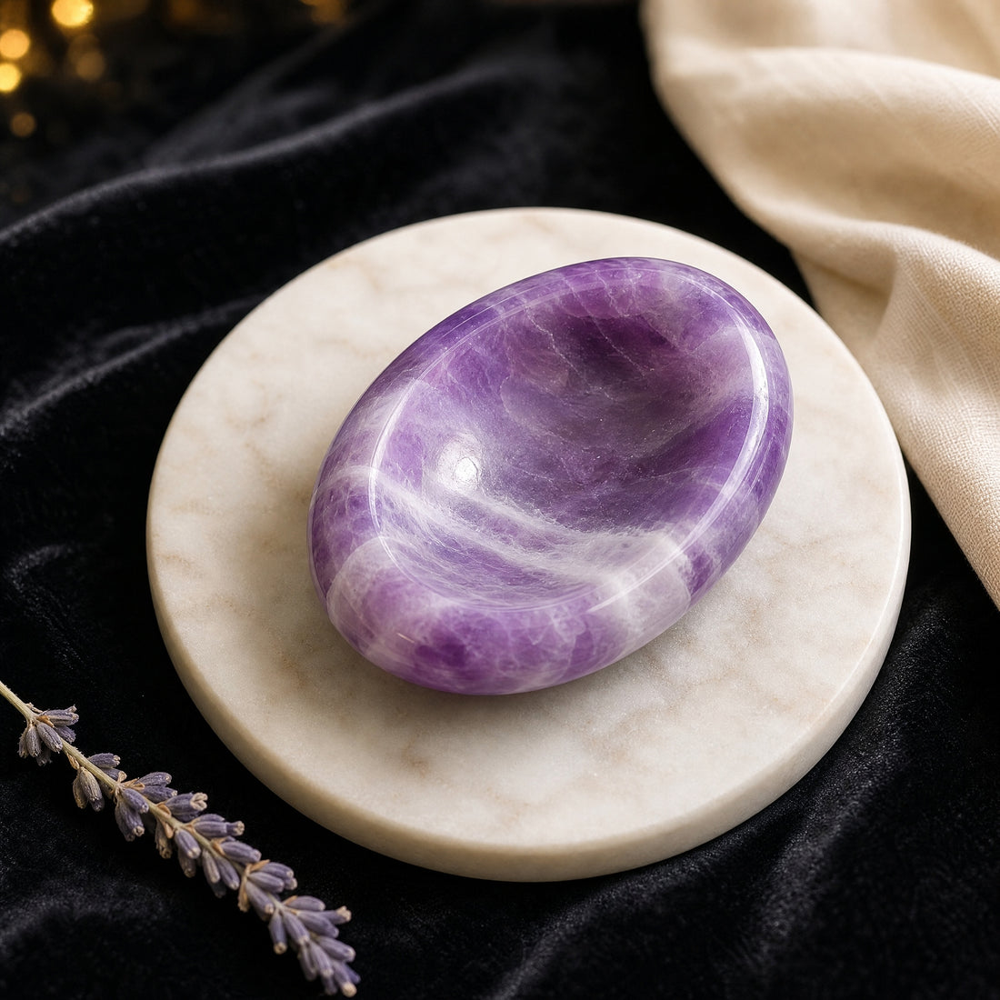 Polished oval dream amethyst worry stone with a shallow thumb groove, banded in purple and white, on a marble dish