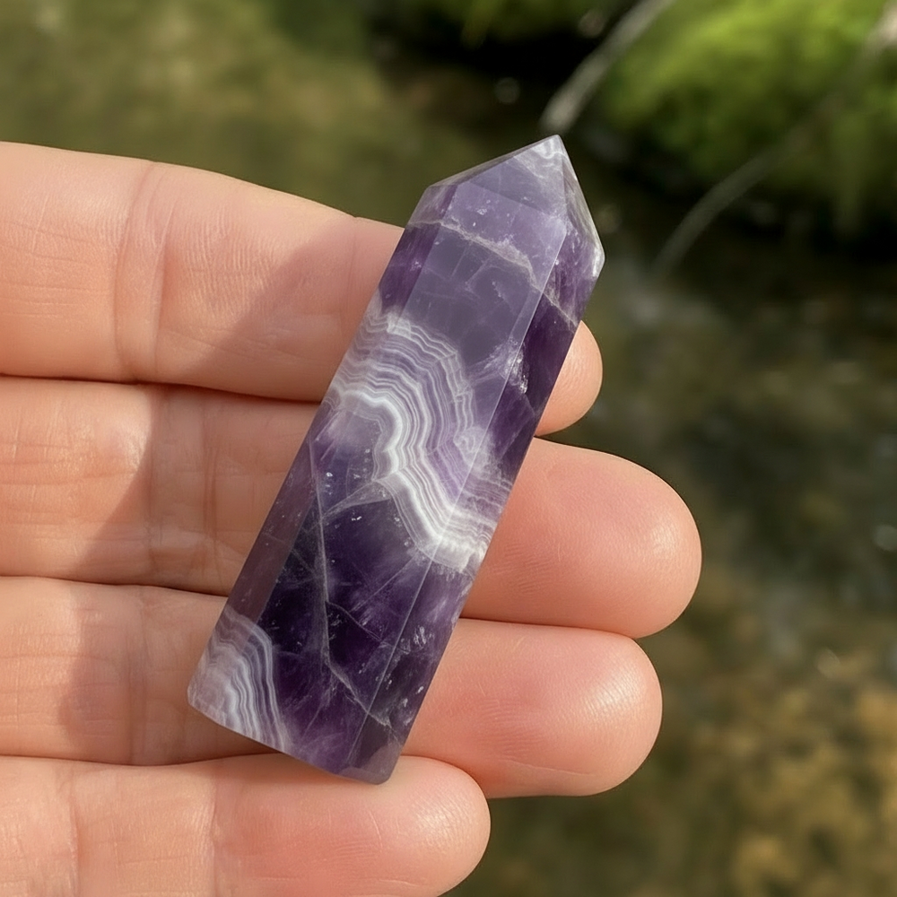 A dream amethyst mini point with bands of deep lavender and creamy white chevrons resting across the fingers of an open hand