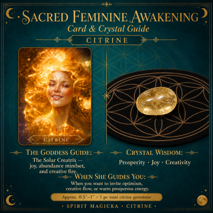 Citrine goddess card beside a mini citrine gemstone