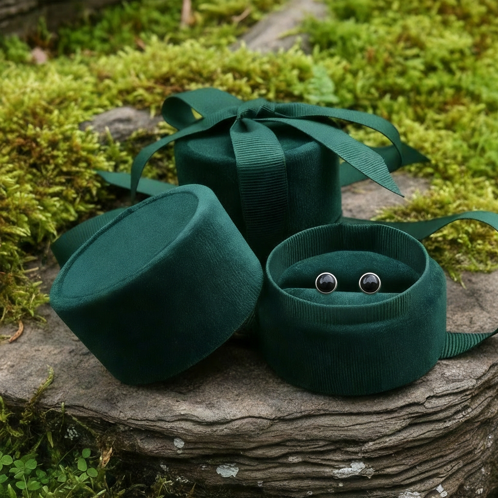 The black onyx studs nestled in an open green velvet jewelry box on a mossy stone