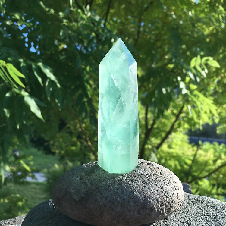 A mint-green fluorite point standing on a smooth stone in bright sunlight, with trees behind