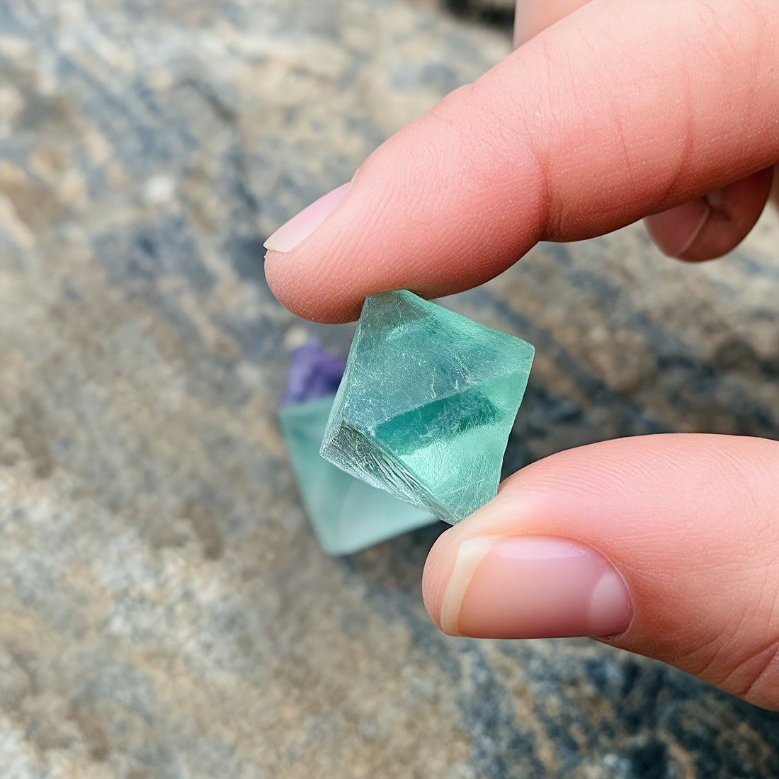 A translucent green fluorite octahedron held between finger and thumb