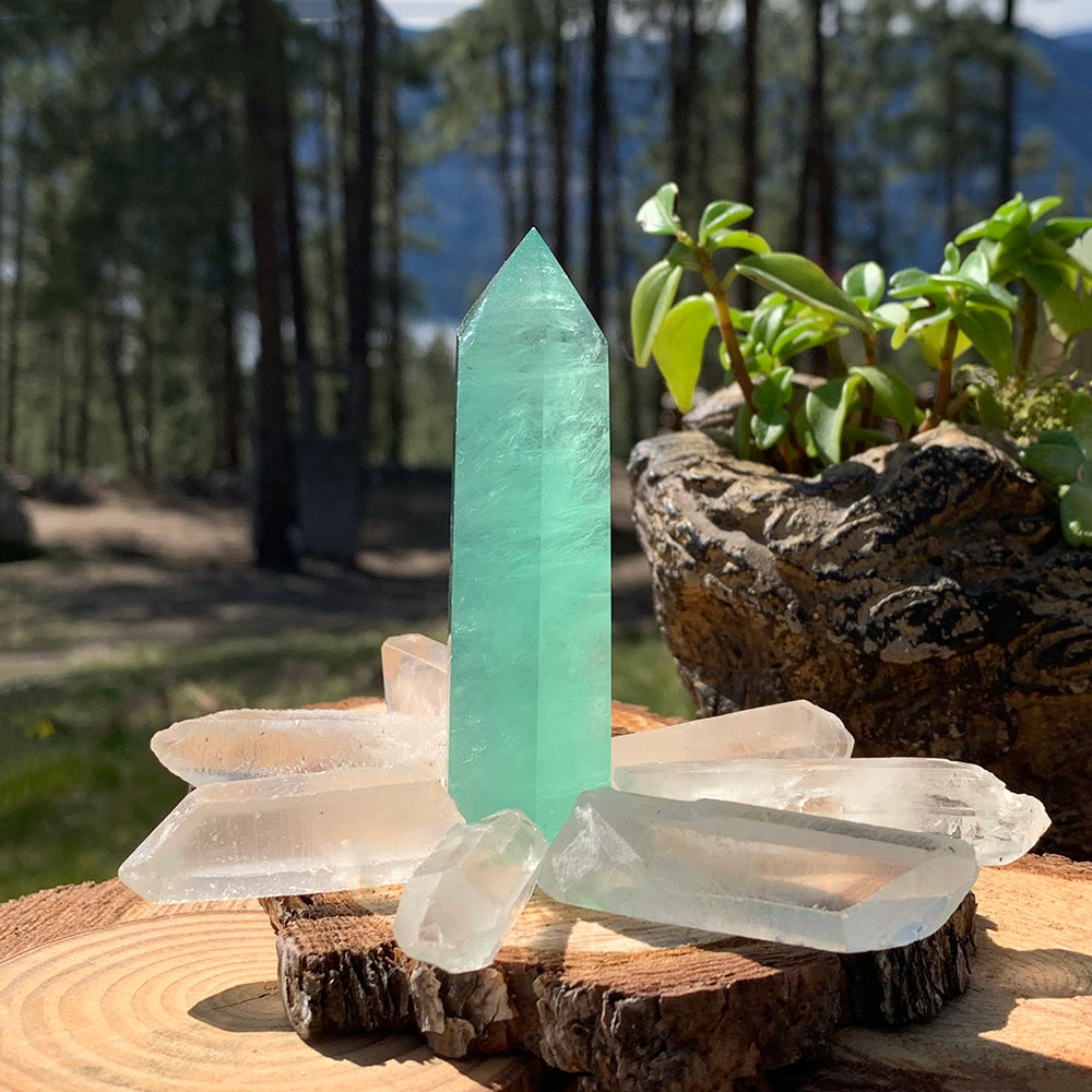A green fluorite point standing among clear quartz shards on a wood slab outdoors