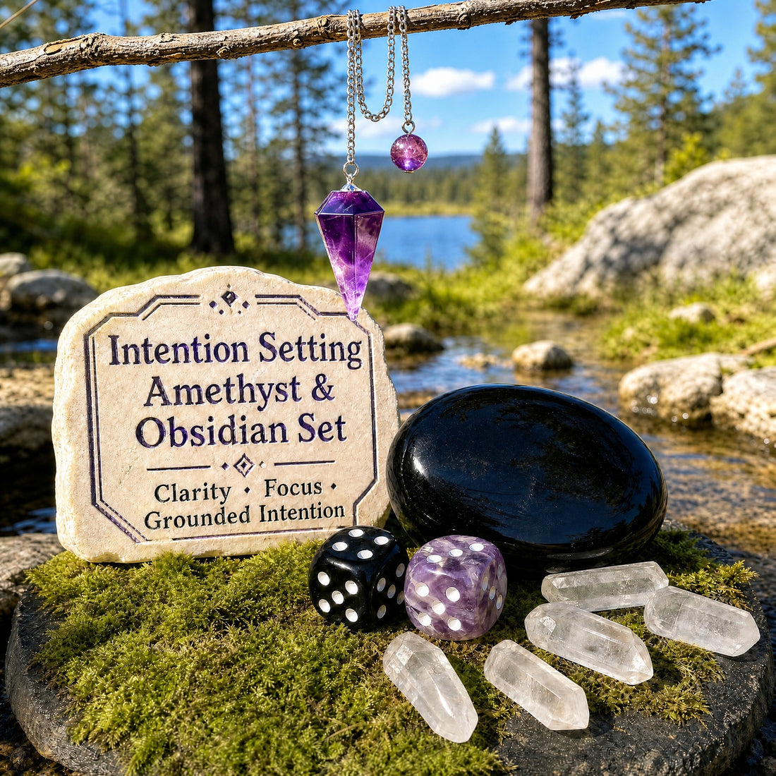 The full set on moss by a lake: an amethyst pendulum hanging from a branch, a black obsidian palm stone, a black agate die, an amethyst die and five clear quartz shards