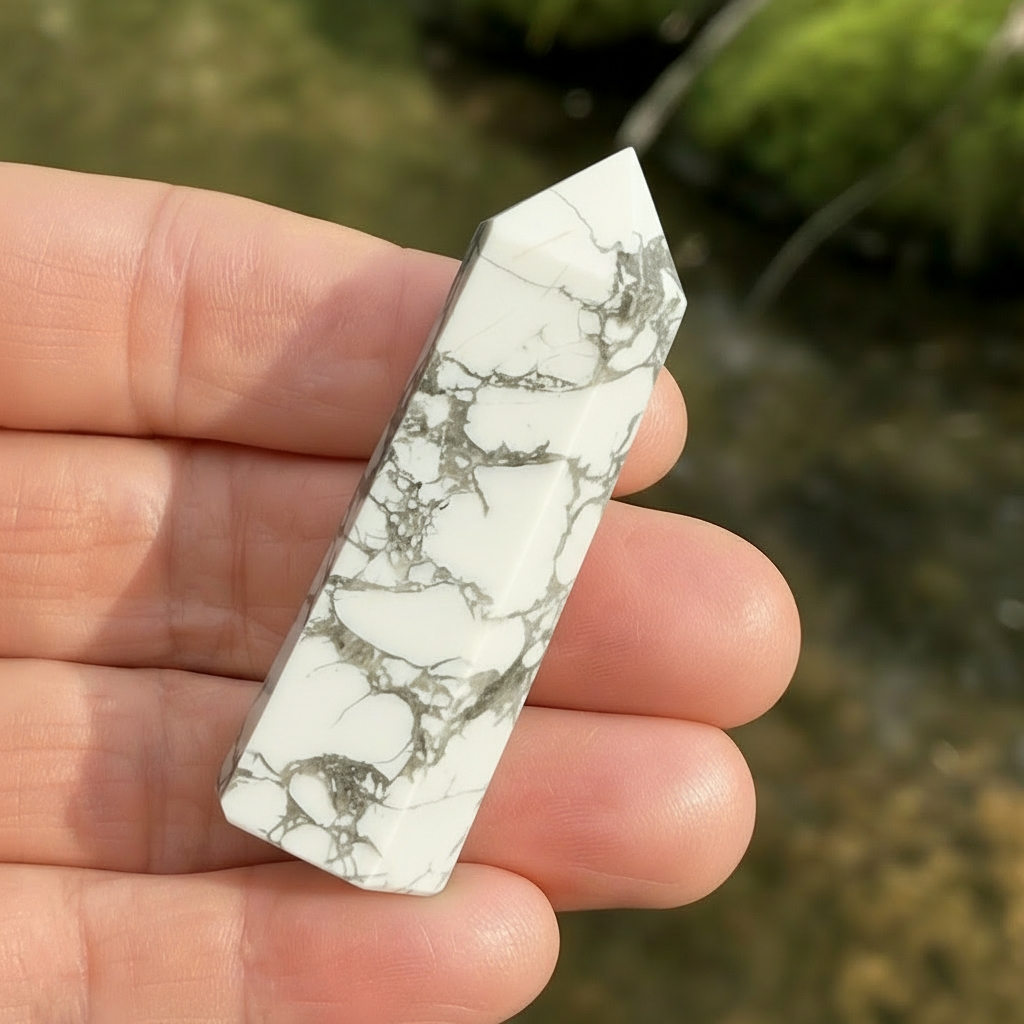 A white howlite mini point with gray veining resting across the fingers of an open hand beside a stream