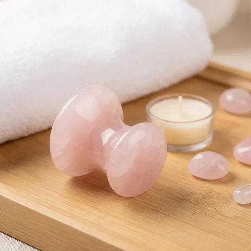 A pale pink rose quartz mushroom-shaped massager with a rounded cap and base, on a bamboo tray beside a candle and tumbled rose quartz