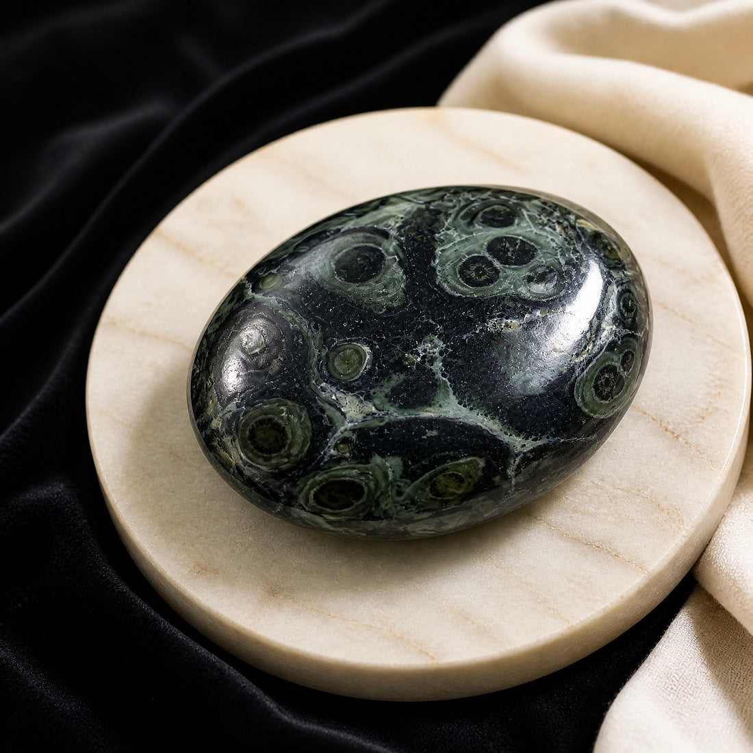 A polished oval kambaba jasper palmstone, near-black with ringed green orbs, on a pale marble dish