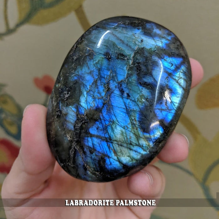 An oval labradorite palm stone held in one hand, flashing deep blue