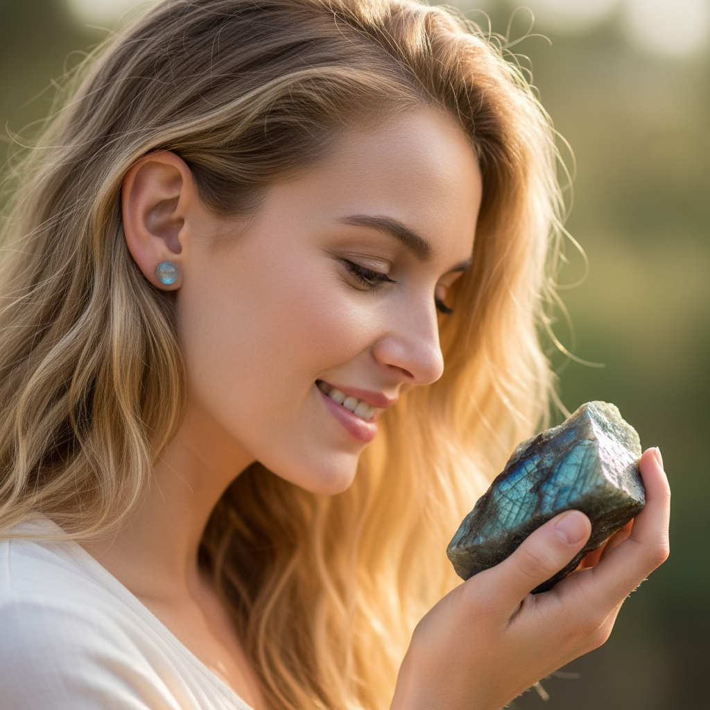 A smiling woman wearing a round labradorite stud earring, holding a raw labradorite stone in warm light