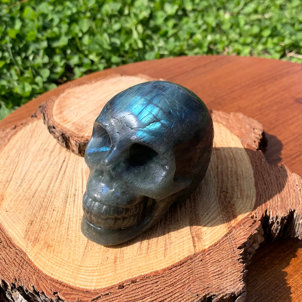 A grey labradorite crystal skull flashing electric blue across its crown, resting on a wooden slice