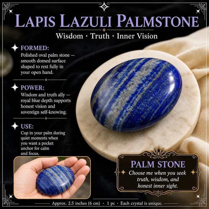 Polished oval lapis lazuli palmstone with blue and white bands and gold flecks, with an inset of it resting in an open hand