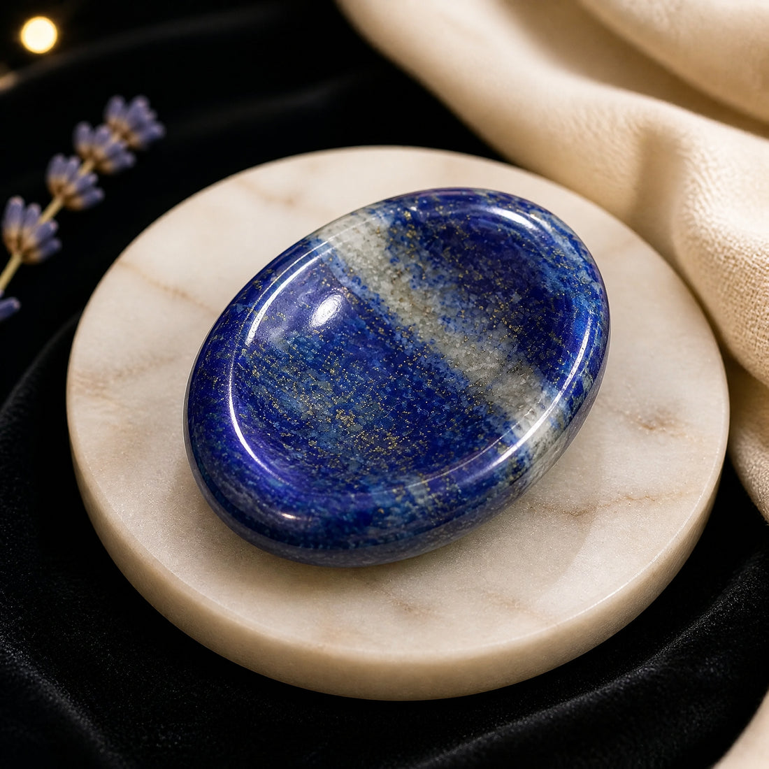 Polished lapis lazuli worry stone in deep blue with gold flecks and a white streak, its oval thumb groove facing up, on a marble coaster