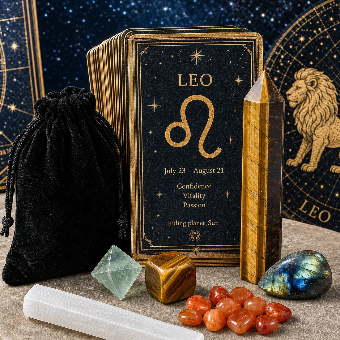 The Leo crystal set together: tiger’s eye point, tiger’s eye cube, twelve red carnelian minis, labradorite cabochon, green fluorite octahedron, selenite stick and a black velvet pouch