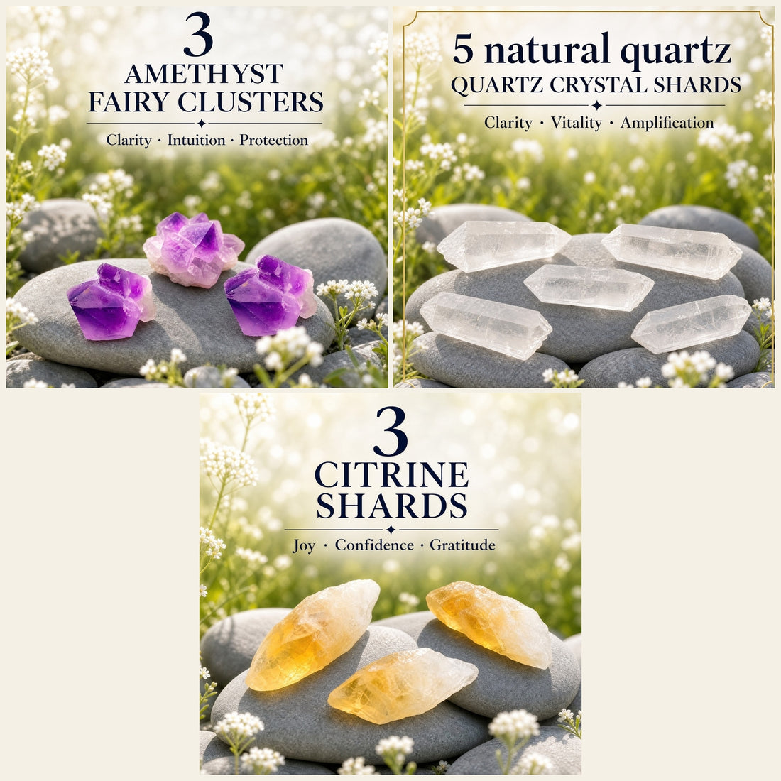 Three amethyst fairy clusters, five clear quartz shards and three citrine shards on grey stones