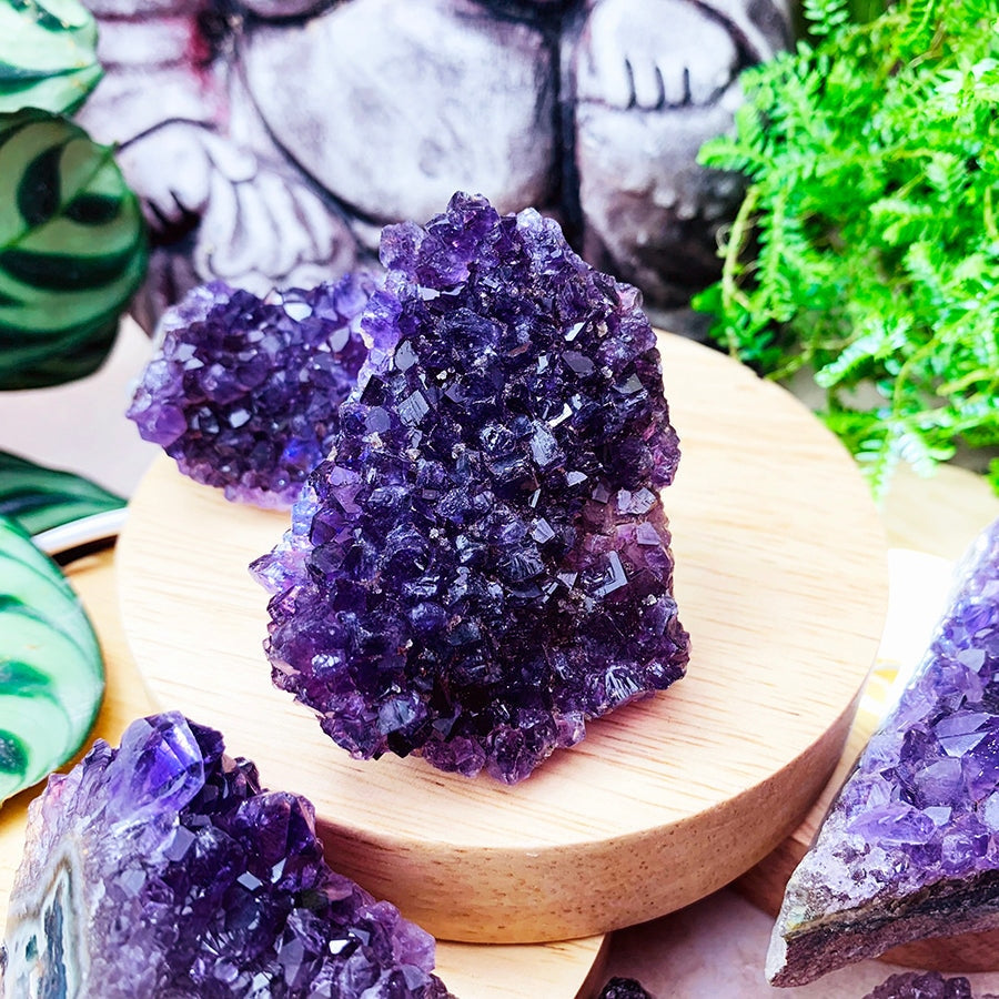 A small deep purple amethyst cluster standing on a round wooden stand, its points catching the light