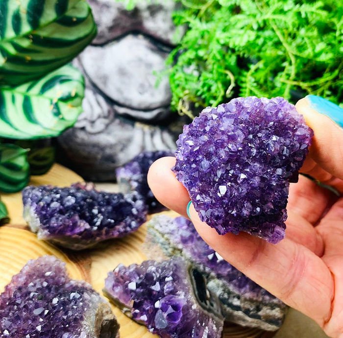 A deep purple amethyst cluster covered in sparkling crystal points, held up in one hand