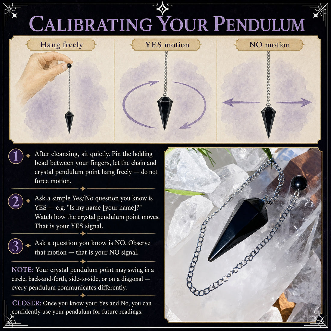Calibration guide showing the obsidian pendulum hanging freely, a circular yes motion and a side-to-side no motion