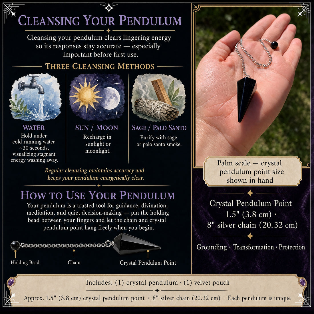 The obsidian pendulum lying in an open palm, beside a guide to cleansing it and a labelled diagram of its holding bead, chain and crystal point