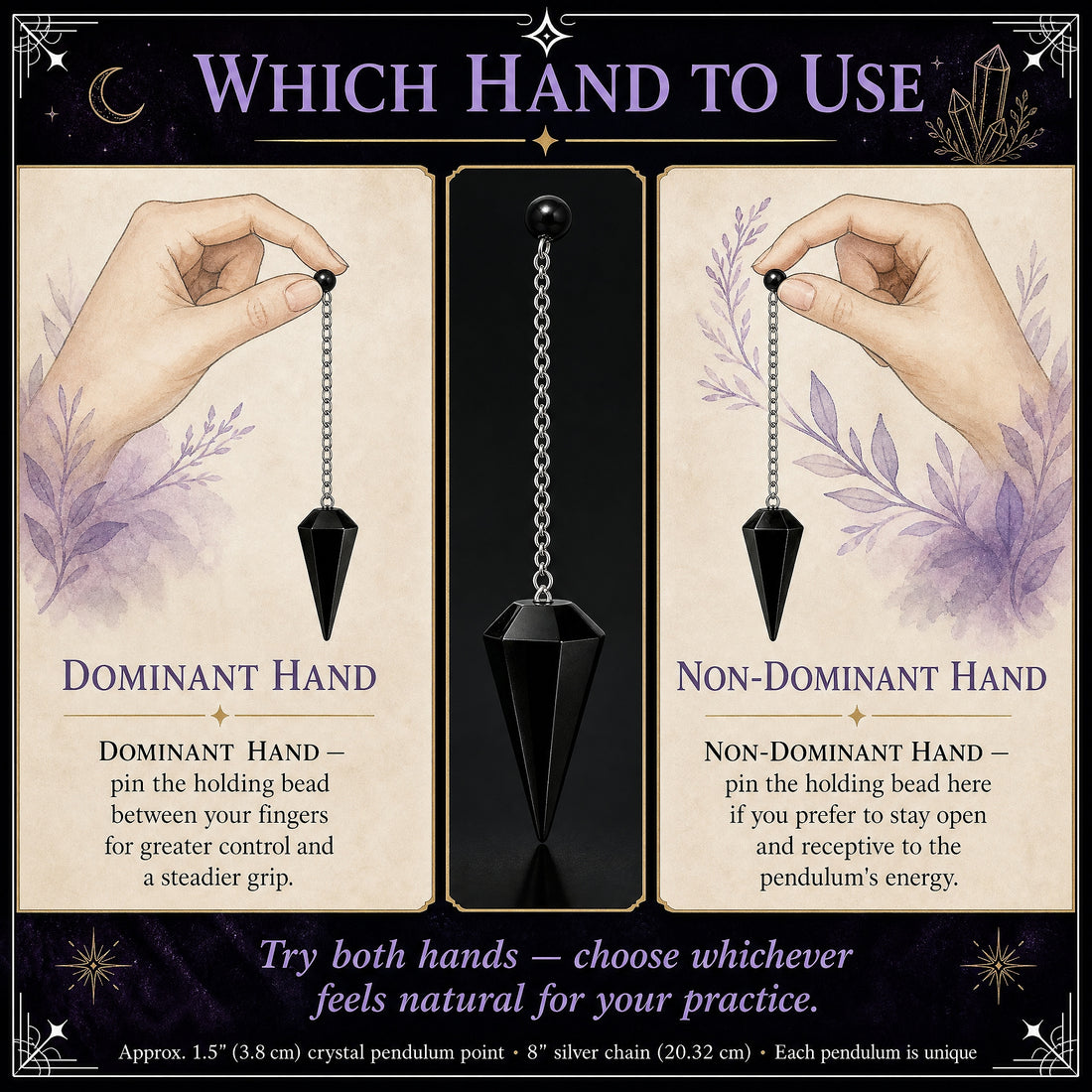 Illustrations of the obsidian pendulum pinched by its holding bead in the dominant and the non-dominant hand, either side of a close-up of the pendulum