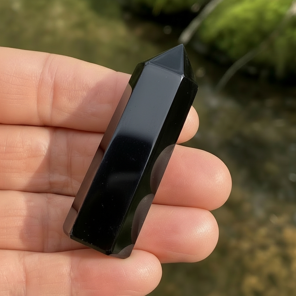 A glossy black obsidian mini point resting across the fingers of an open hand beside a stream
