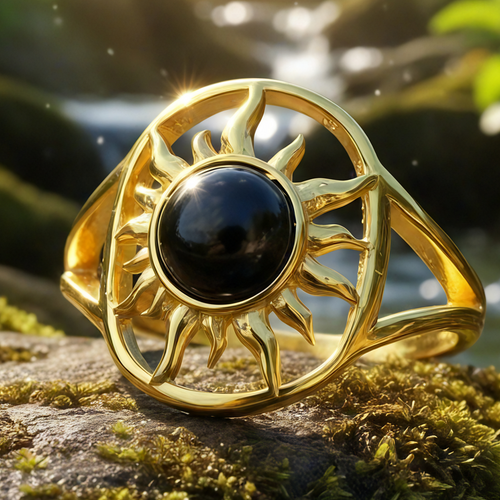 The solar power ring on moss: a round deep black onyx cabochon framed by a golden sunburst on an open oval band
