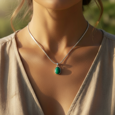 The malachite pendant worn on its fine silver chain at the base of the neck, above a soft linen V-neck