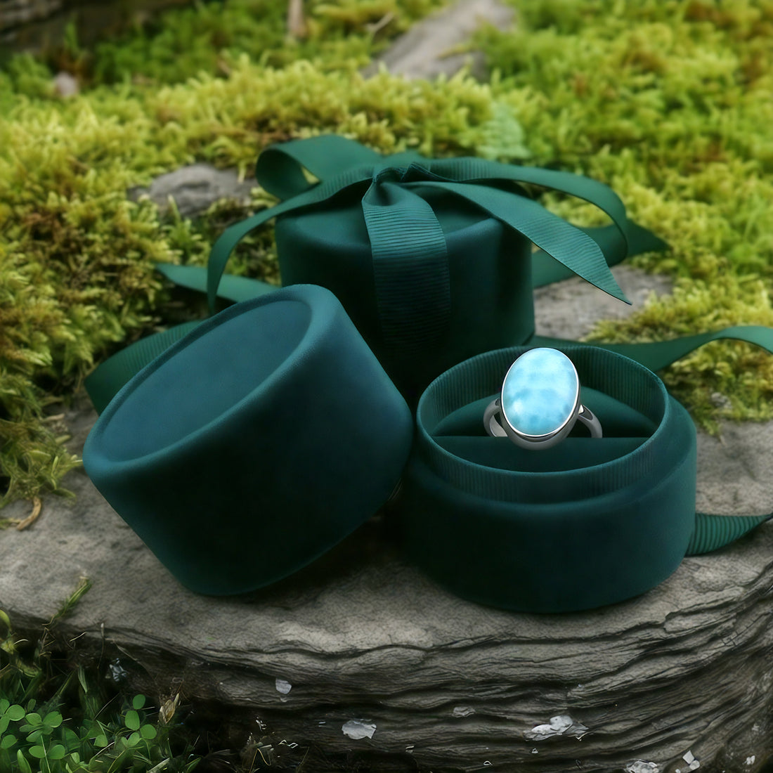 The larimar ring standing in an open round green velvet jewelry box with a ribbon-tied lid, set on mossy stone