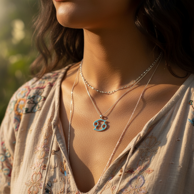 The Cancer opal pendant worn at the collarbone in warm sunlight, styled with other fine chains