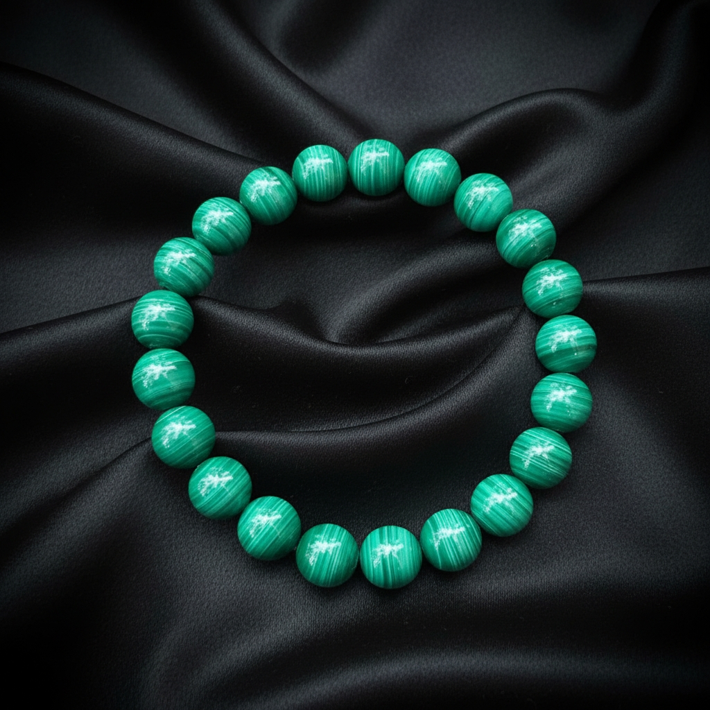The malachite mala bracelet laid in a circle on black satin, showing the green banding of each round bead