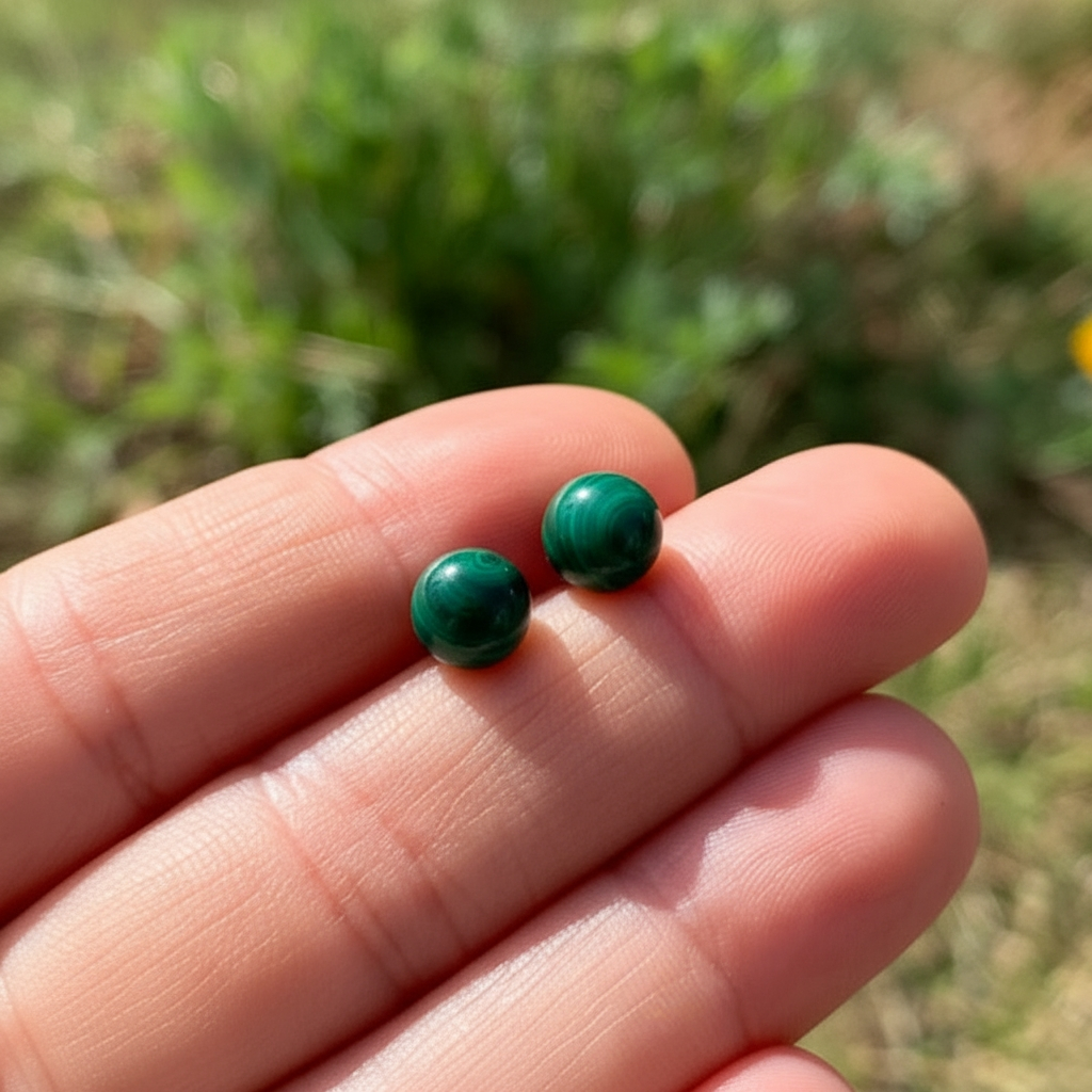 Two round polished malachite studs resting on fingertips in sunlight, showing their green banding