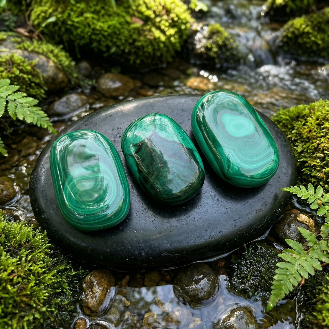 Three polished malachite palmstones on a dark river stone among moss and ferns, each with its own pattern of green bands